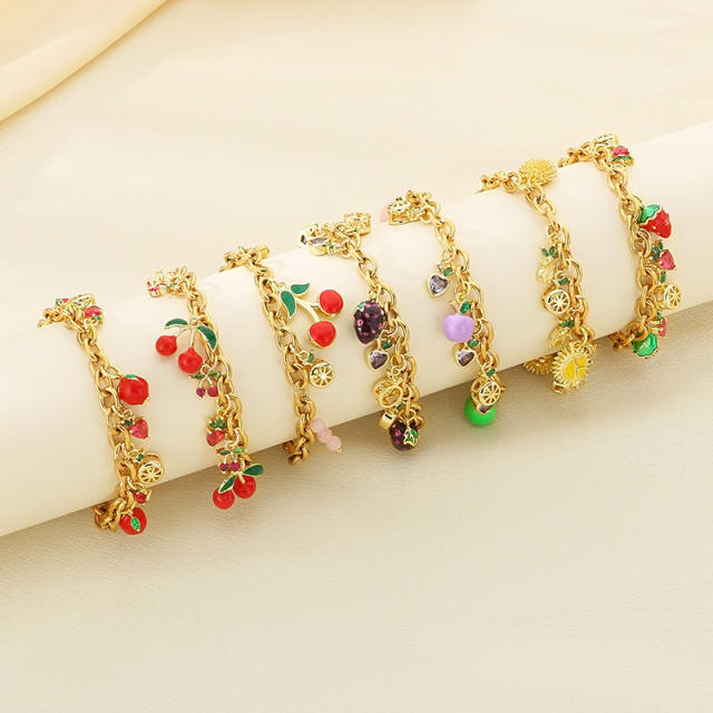 Summer Fresh Colorful Variety Fruit Series Zircon Strawberry stainless steel bracelet
