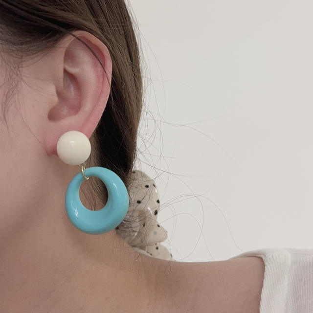 Hong Kong Style Artistic Retro Acrylic Hollow Oval Earrings s925 Silver Needle candy color earrings