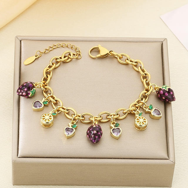 Summer Fresh Colorful Variety Fruit Series Zircon Strawberry stainless steel bracelet