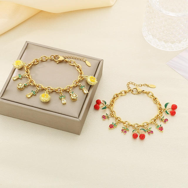 Summer Fresh Colorful Variety Fruit Series Zircon Strawberry stainless steel bracelet
