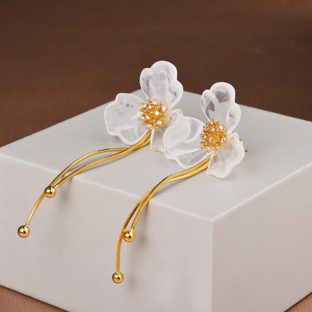 Elegant white acrylic petal flower copper tassel earrings