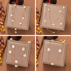 Elegant imitation pearl bead thin chain stainless steel necklace