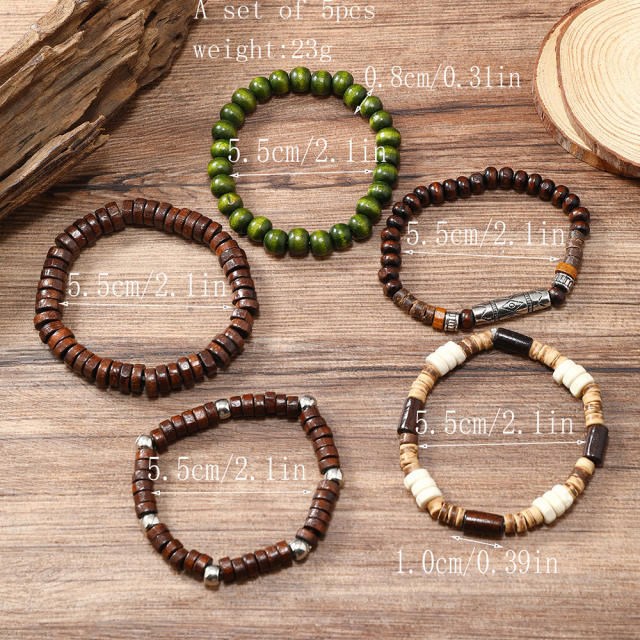 Hot Selling Handmade Beaded Handstring Multi-layer Stretchline Wooden Beads Coconut Shell bracelet set
