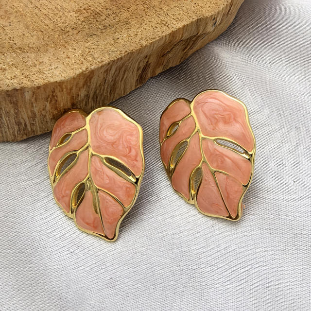 Natural hollow leaf color enamel stainless steel earrings big earrings