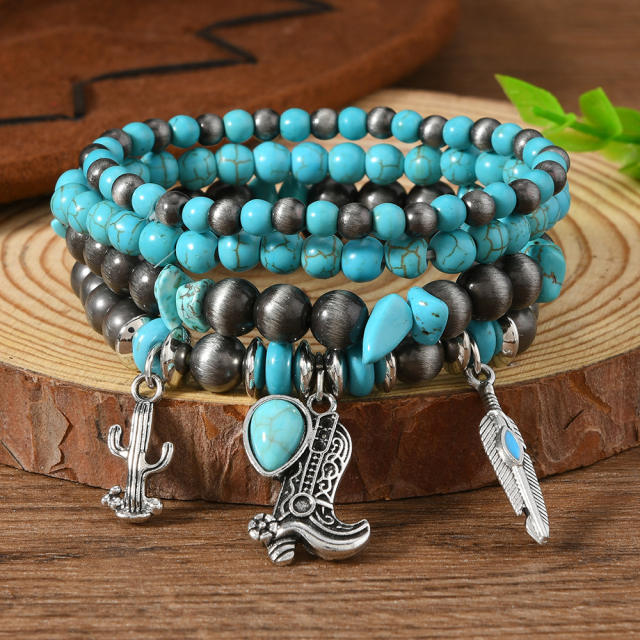 New turquoise alloy beaded elastic line men's women's bracelet