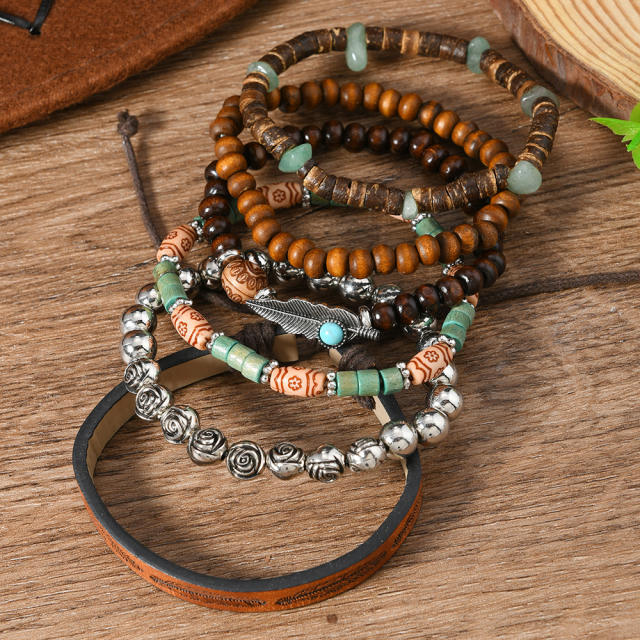 6-piece set new wooden beaded gravel coconut shell leather men's and women's bracelet