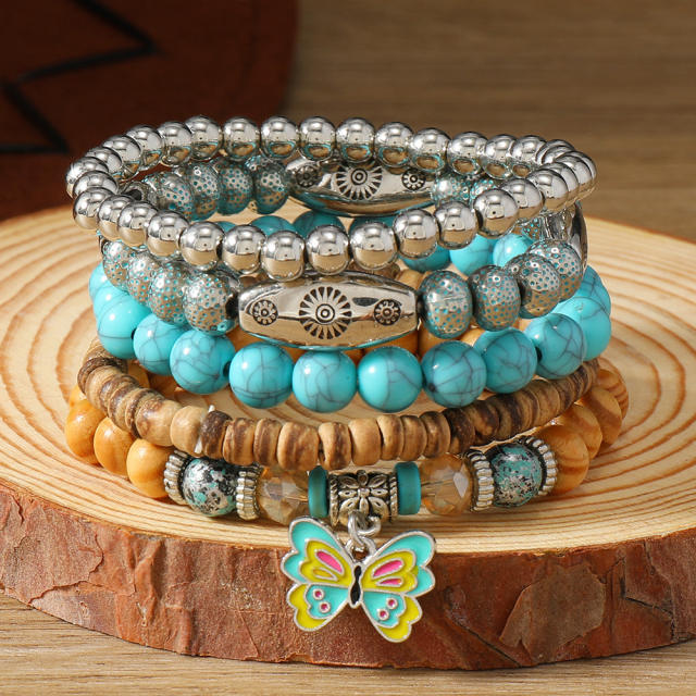 New Bohemian Style Turquoise Wood Beads Beaded Alloy Accessories Stamline Men's Bracelet