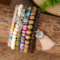 6-piece set new wooden beaded soft pottery floret bracelet for men and women