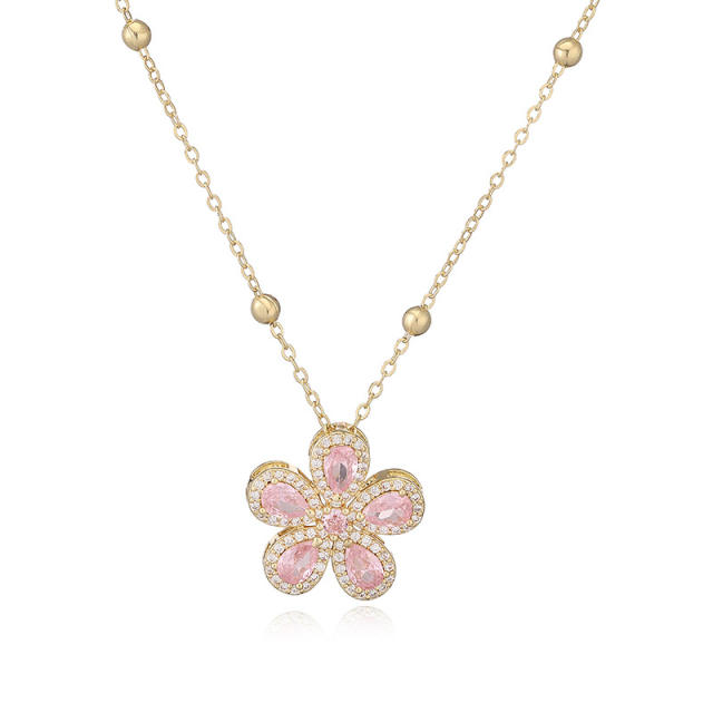 Korean fashion colorful cubic zircon five petal flower pendant copper necklace