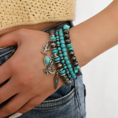 New turquoise alloy beaded elastic line men's women's bracelet