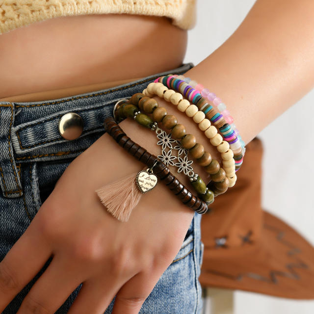 6-piece set new wooden beaded soft pottery floret bracelet for men and women