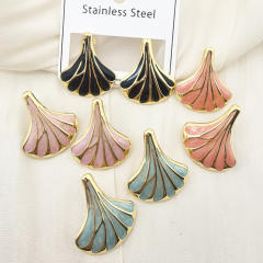 Color enamel natural Ginkgo Leaf stainless steel earrings