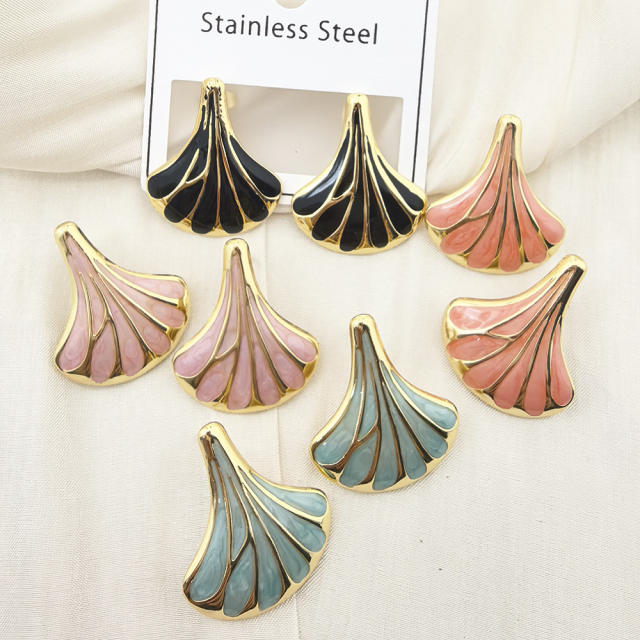 Color enamel natural Ginkgo Leaf stainless steel earrings