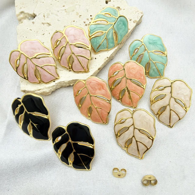 Natural hollow leaf color enamel stainless steel earrings big earrings