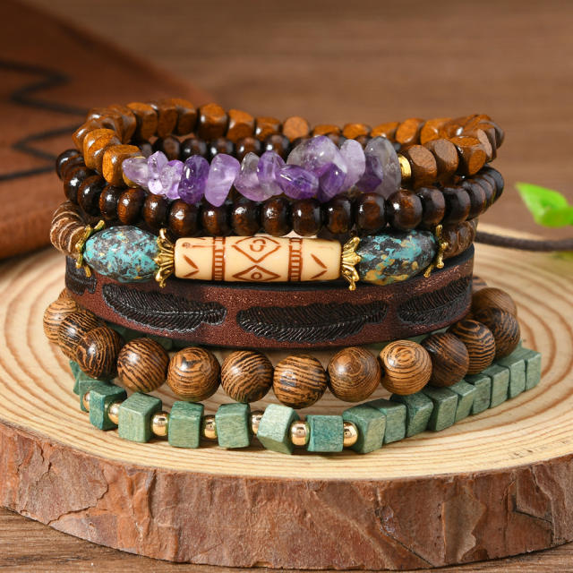6-piece set new wooden beaded gravel leather men women bracelet set