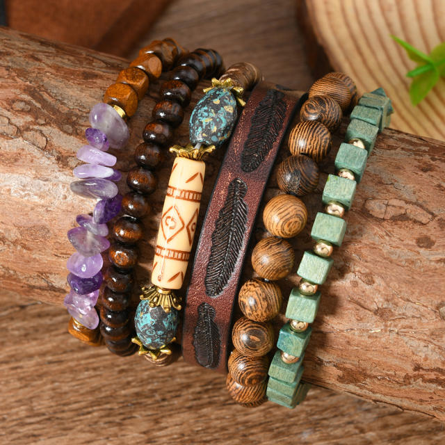 6-piece set new wooden beaded gravel leather men women bracelet set
