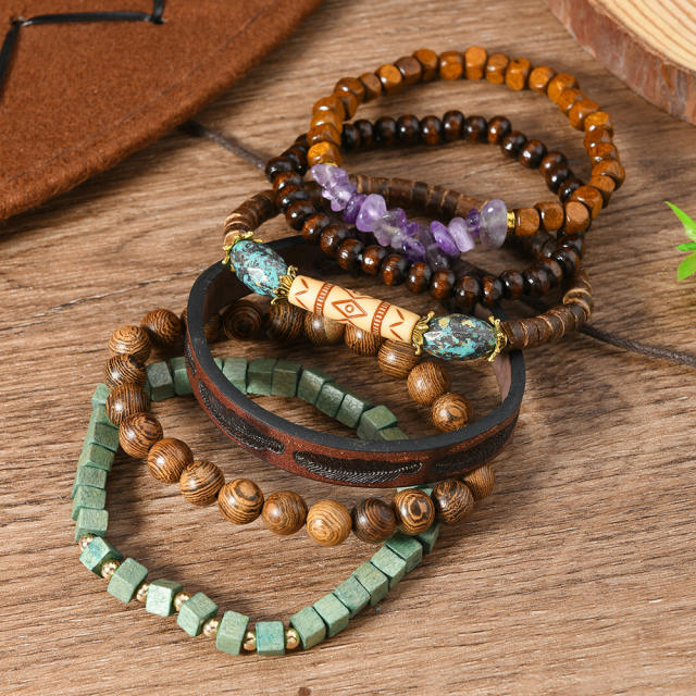 6-piece set new wooden beaded gravel leather men women bracelet set