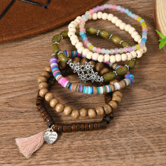 6-piece set new wooden beaded soft pottery floret bracelet for men and women