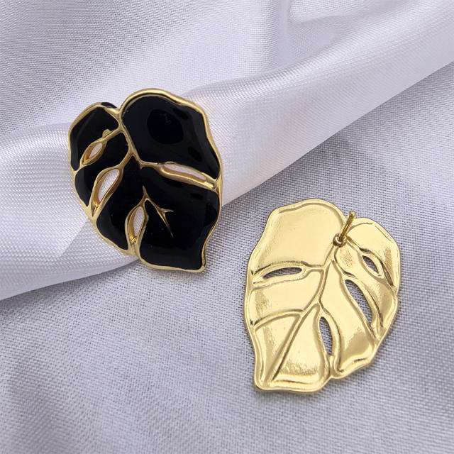 Natural hollow leaf color enamel stainless steel earrings big earrings