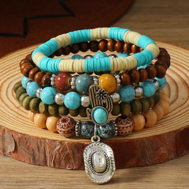 New Bohemian Style Turquoise Wood Beads Beaded Alloy Accessories Stamline Men's Bracelet