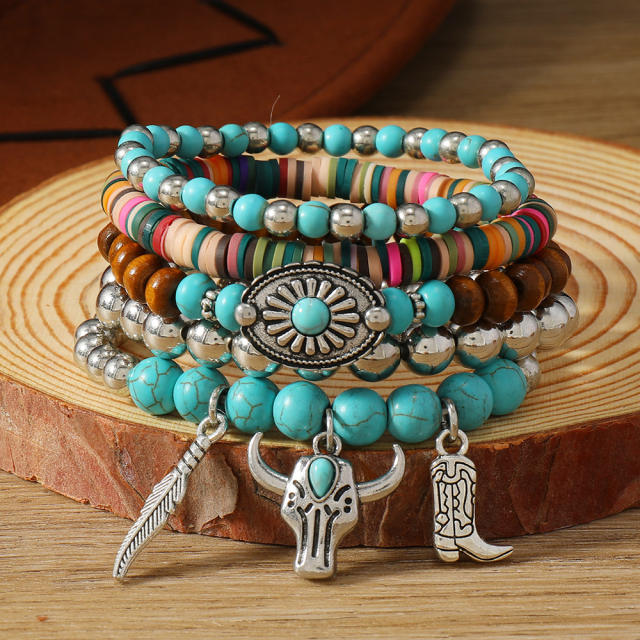 New Bohemian Style Turquoise Wood Beads Beaded Alloy Accessories Stamline Men's Bracelet