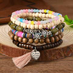6-piece set new wooden beaded soft pottery floret bracelet for men and women