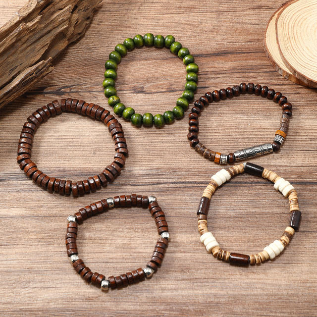 Hot Selling Handmade Beaded Handstring Multi-layer Stretchline Wooden Beads Coconut Shell bracelet set