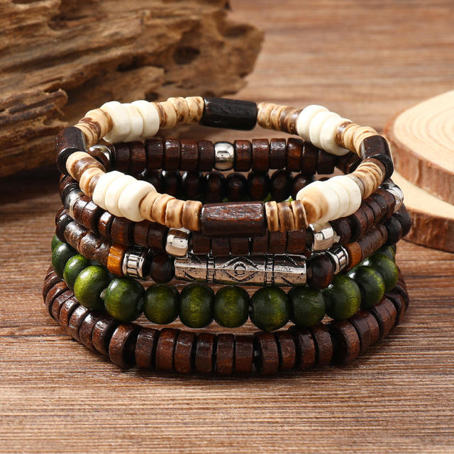 Hot Selling Handmade Beaded Handstring Multi-layer Stretchline Wooden Beads Coconut Shell bracelet set