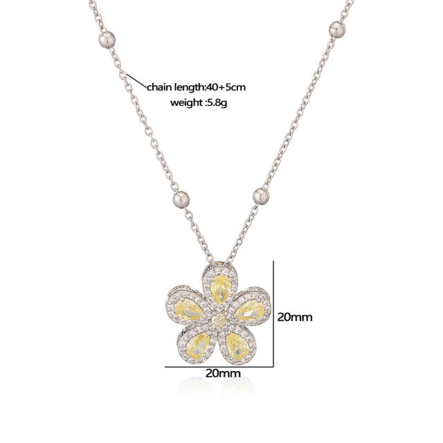 Korean fashion colorful cubic zircon five petal flower pendant copper necklace