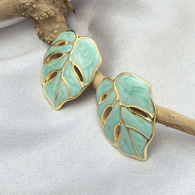 Natural hollow leaf color enamel stainless steel earrings big earrings