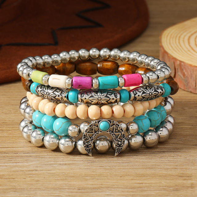 New Bohemian Style Turquoise Wood Beads Beaded Alloy Accessories Stamline Men's Bracelet