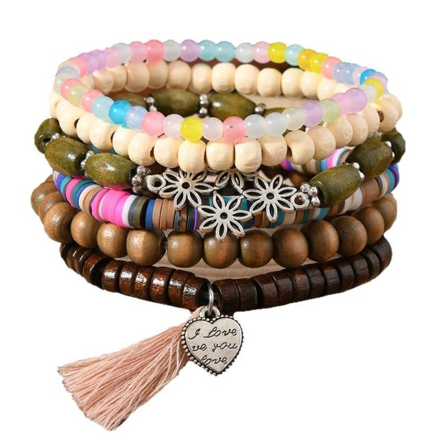 6-piece set new wooden beaded soft pottery floret bracelet for men and women