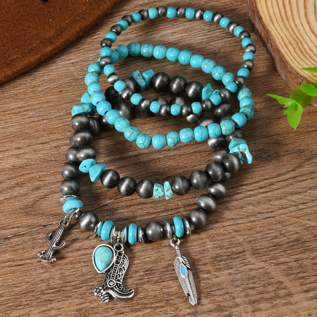New turquoise alloy beaded elastic line men's women's bracelet