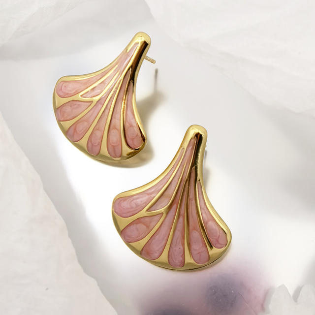 Color enamel natural Ginkgo Leaf stainless steel earrings
