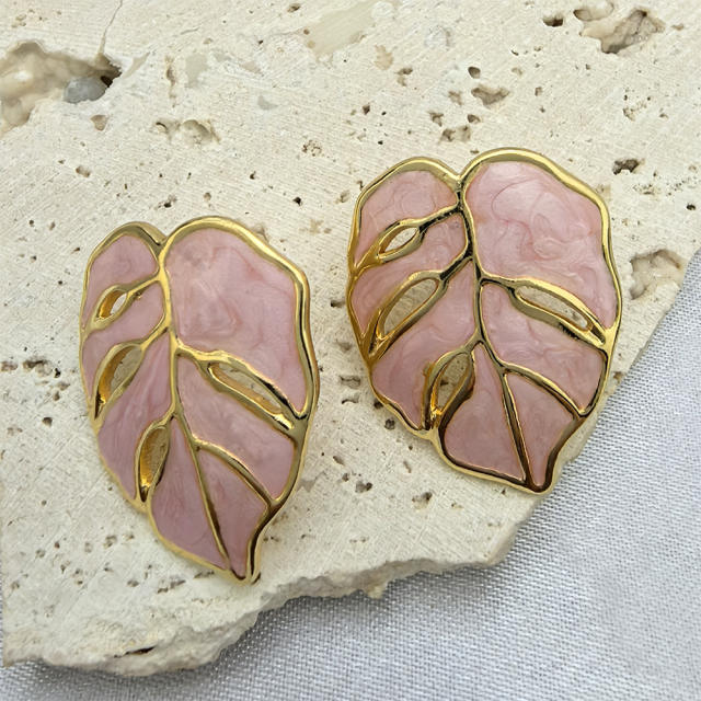 Natural hollow leaf color enamel stainless steel earrings big earrings