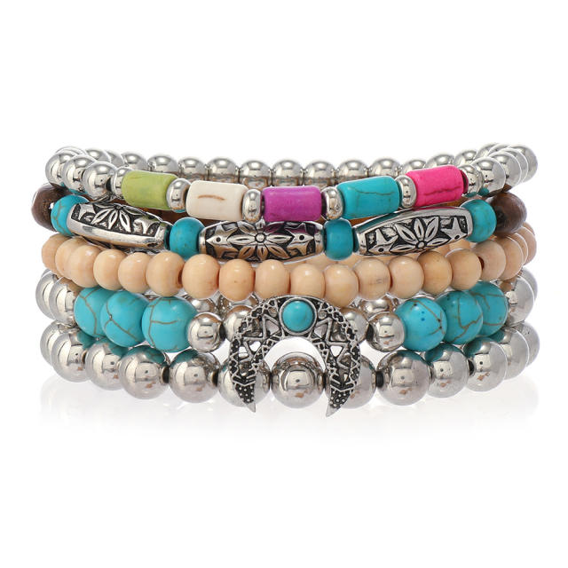 New Bohemian Style Turquoise Wood Beads Beaded Alloy Accessories Stamline Men's Bracelet