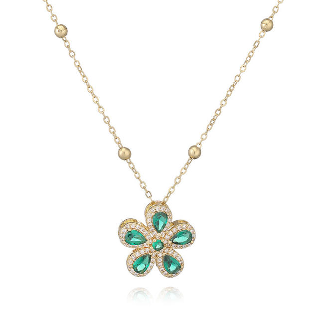 Korean fashion colorful cubic zircon five petal flower pendant copper necklace