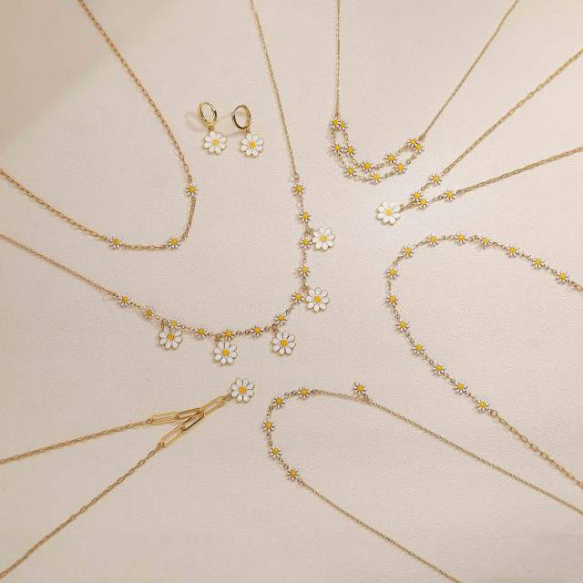 Sweet enamel daisy flower copper necklace earrings suit