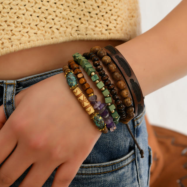 6-piece set new wooden beaded gravel leather men women bracelet set
