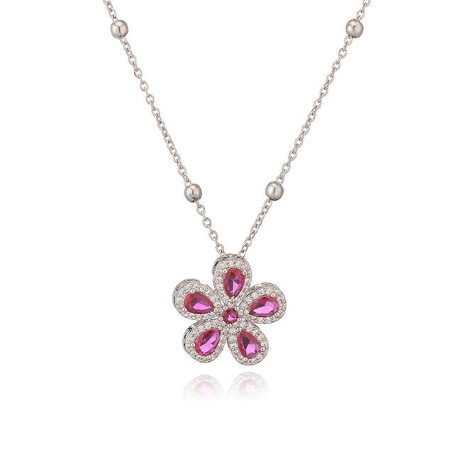 Korean fashion colorful cubic zircon five petal flower pendant copper necklace