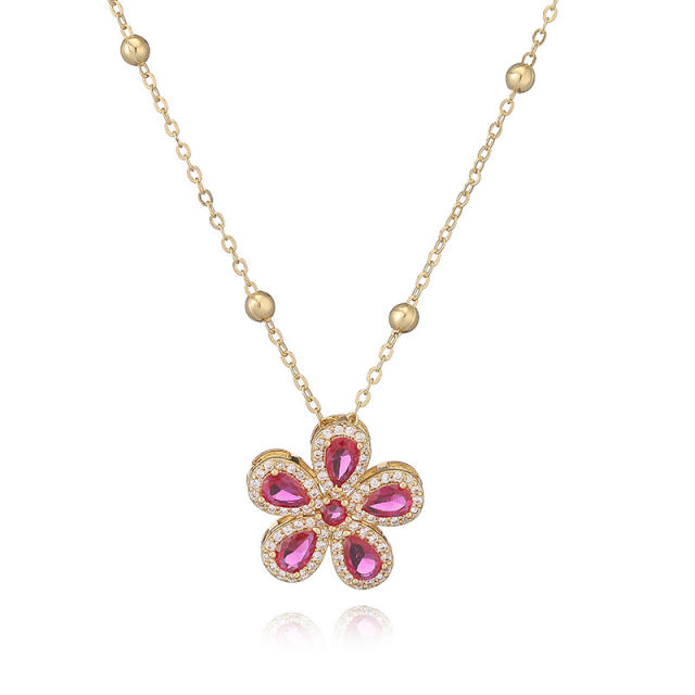 Korean fashion colorful cubic zircon five petal flower pendant copper necklace