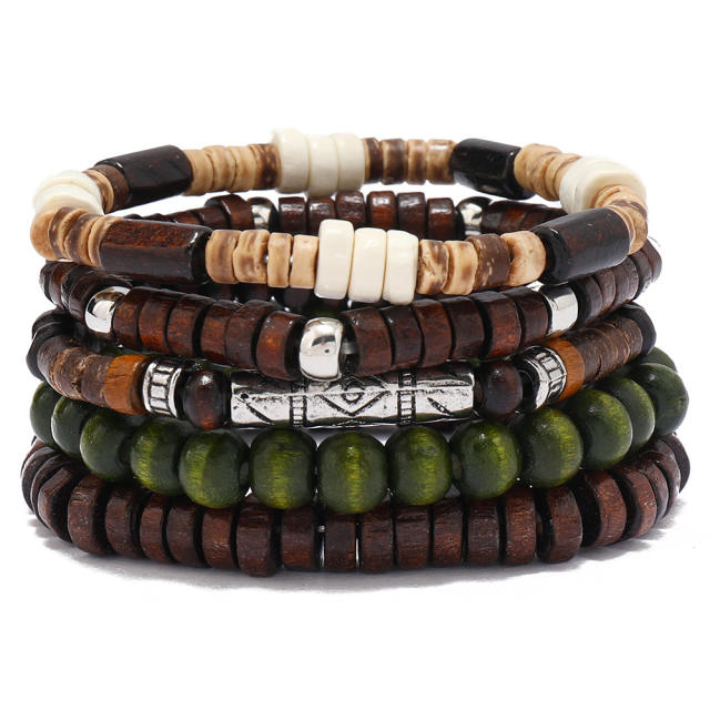 Hot Selling Handmade Beaded Handstring Multi-layer Stretchline Wooden Beads Coconut Shell bracelet set