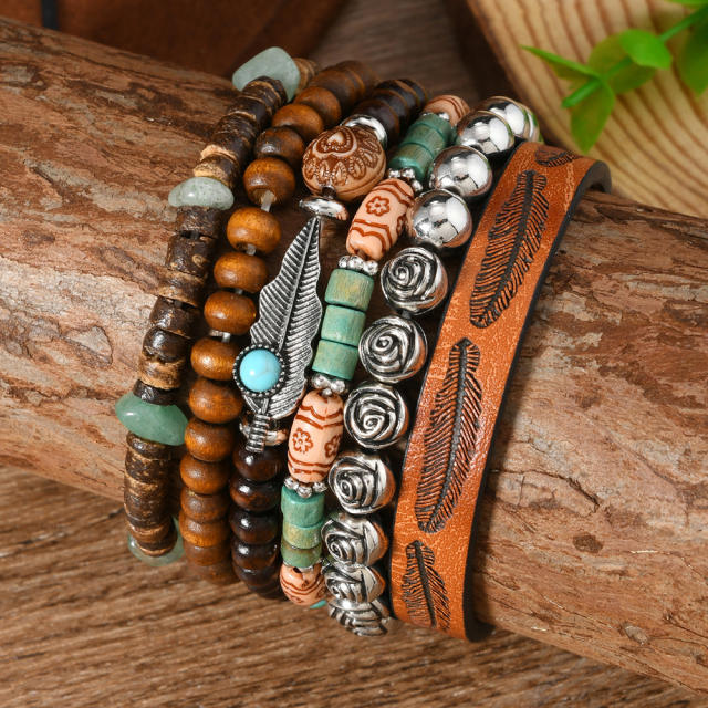 6-piece set new wooden beaded gravel coconut shell leather men's and women's bracelet