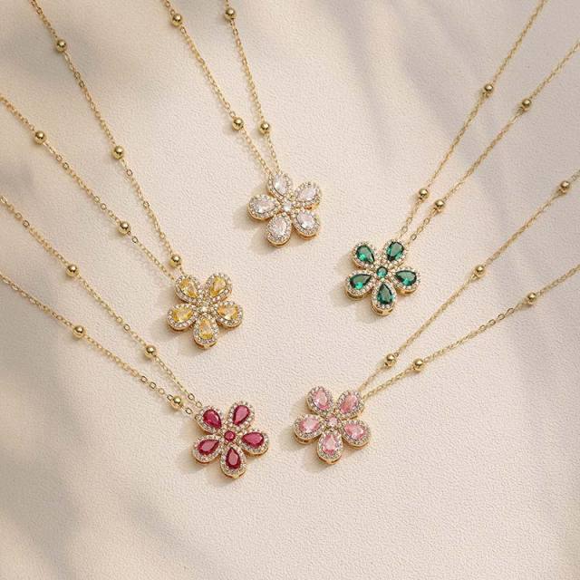 Korean fashion colorful cubic zircon five petal flower pendant copper necklace