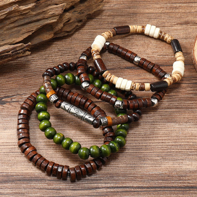 Hot Selling Handmade Beaded Handstring Multi-layer Stretchline Wooden Beads Coconut Shell bracelet set