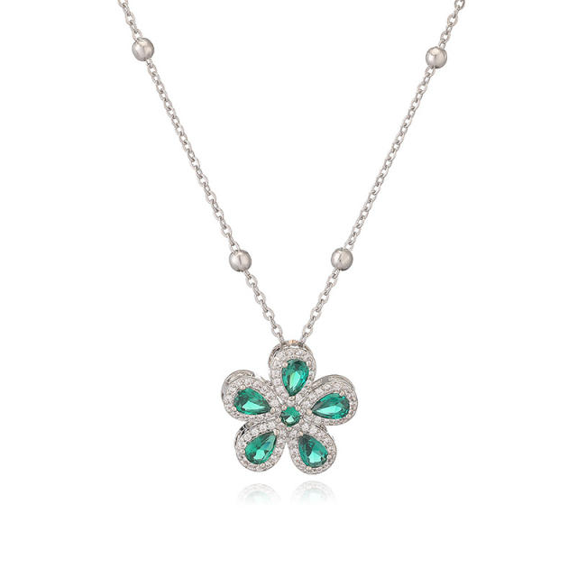 Korean fashion colorful cubic zircon five petal flower pendant copper necklace