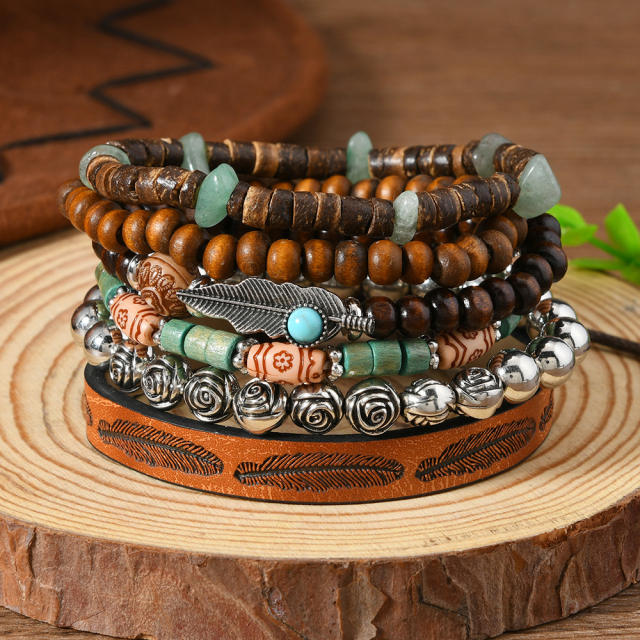 6-piece set new wooden beaded gravel coconut shell leather men's and women's bracelet
