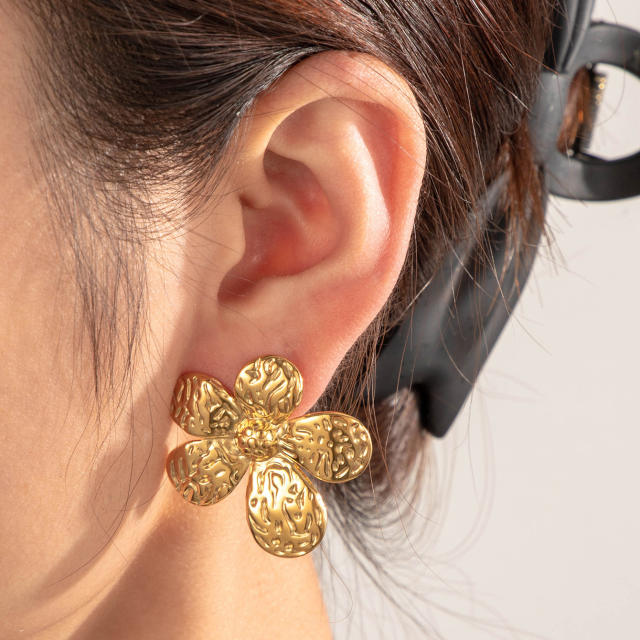 Popular big size petal flower drop shape stainless steel earrings collection
