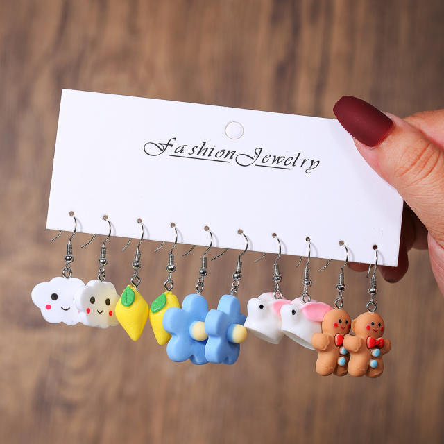 Hot Selling Resin Acrylic Earrings Combination Summer Fun Fruit Small Animal 5 Pair Earrings