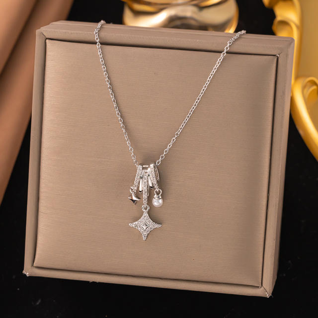 Dainty diamond copper star heart clove pendant stainless steel chain necklace